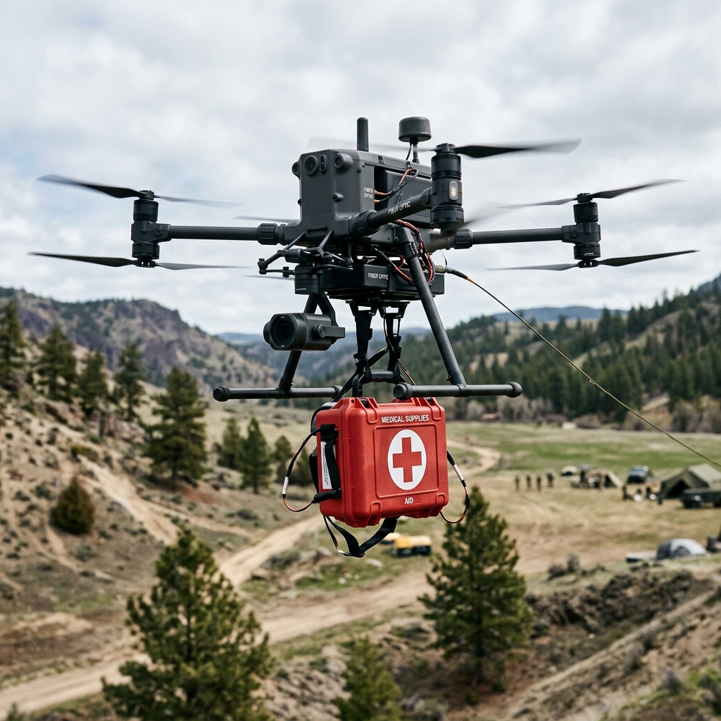 Fiber optic drone carrying medical supplies for humanitarian relief