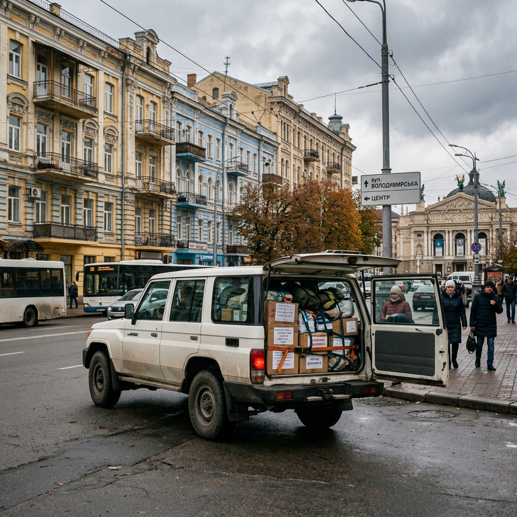 Humanitarian aid vehicle loaded with supplies in Kyiv, Ukraine